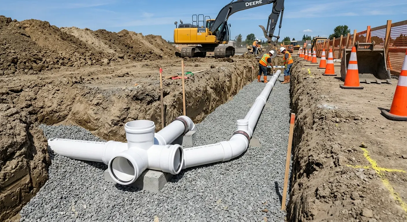 New PVC sewer pipe installation in open trench for Commercial Drain Cleaning in Elko