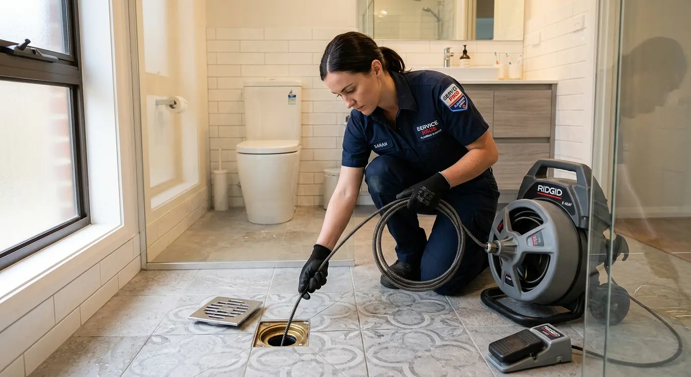 Technician clearing a bathroom floor drain for Clogged Drain Repair in Elko